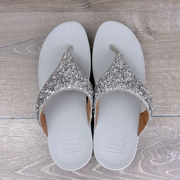 Fitflop LuLu Shimmerfoil Women’s Sz 10 Silver Metallic Thong Platform Sandal NWT - Picture 5 of 10